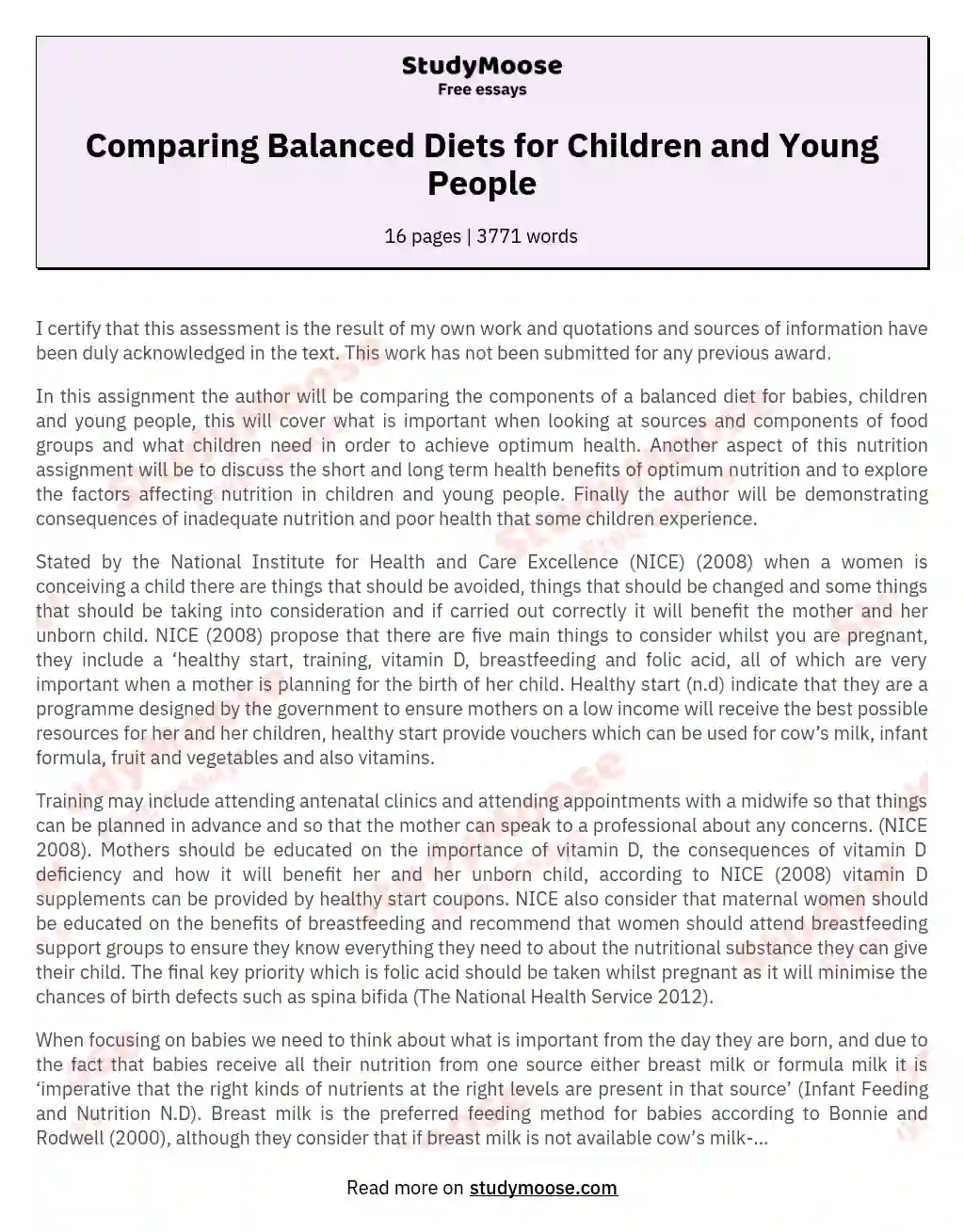 Comparing Balanced Diets for Children and Young People essay