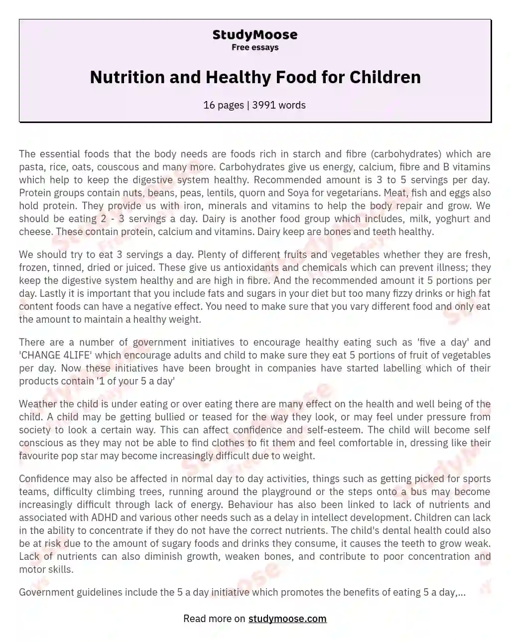 Nutrition and Healthy Food for Children Free Essay Example