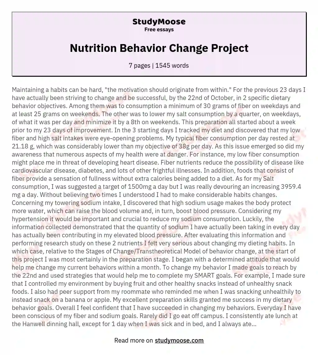 Nutrition Behavior Change Project essay