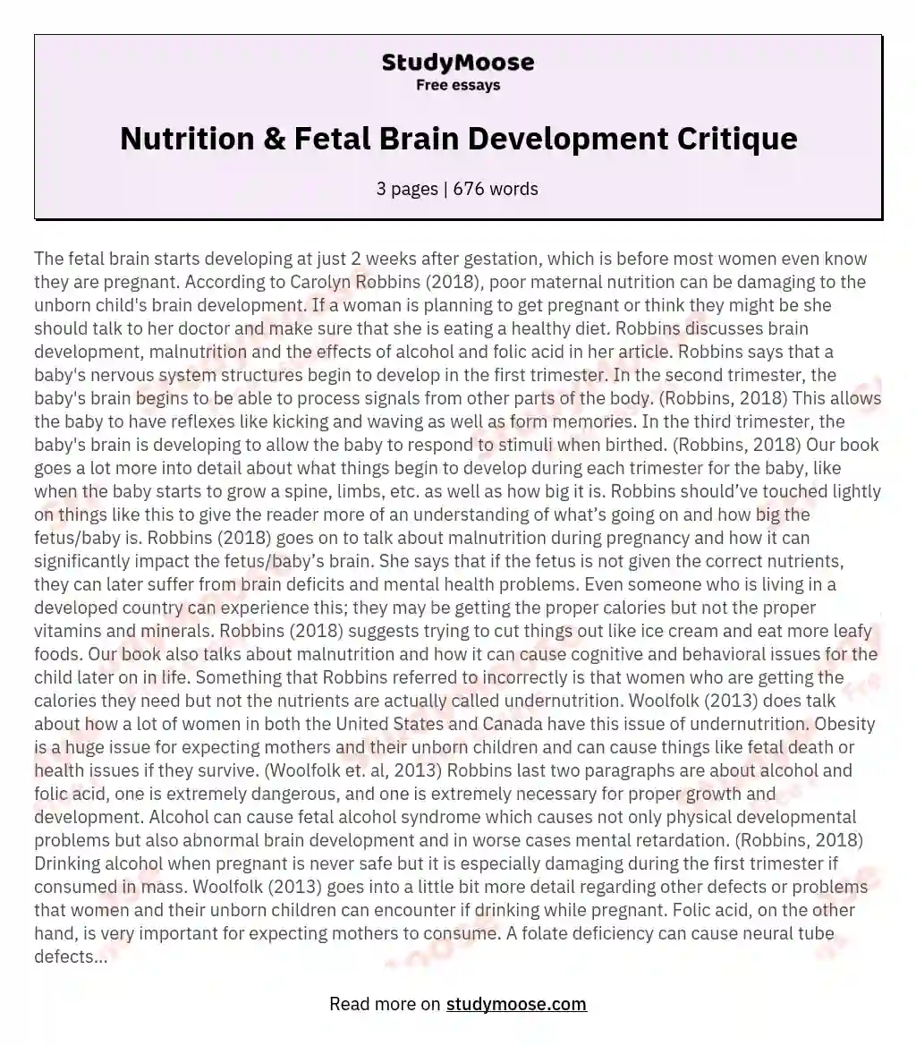 Nutrition & Fetal Brain Development Critique essay