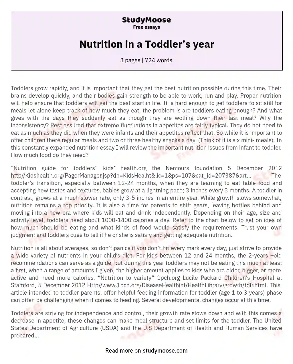 Nutrition in a Toddler’s year essay