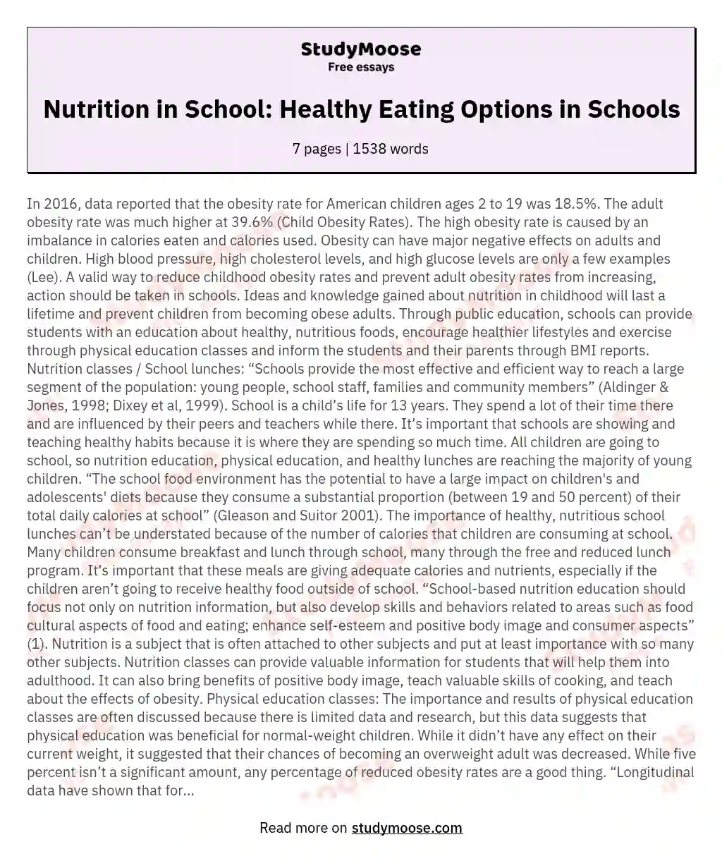Nutrition in School: Healthy Eating Options in Schools essay