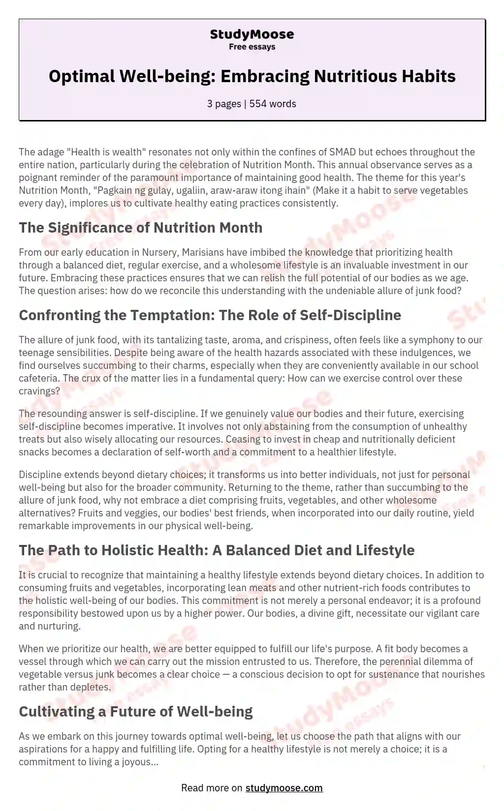 Optimal Well-being: Embracing Nutritious Habits essay