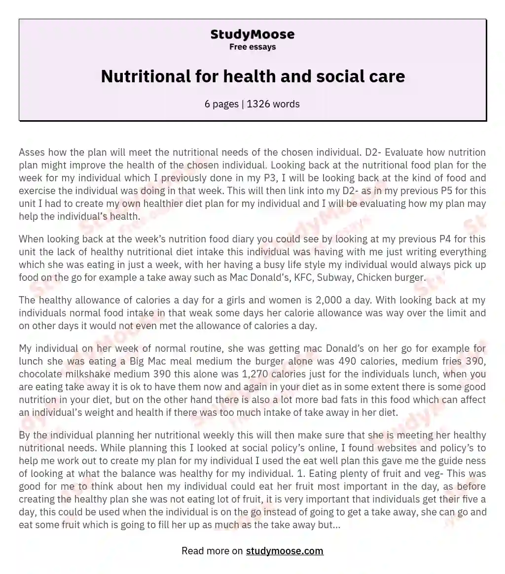 Nutritional for health and social care essay