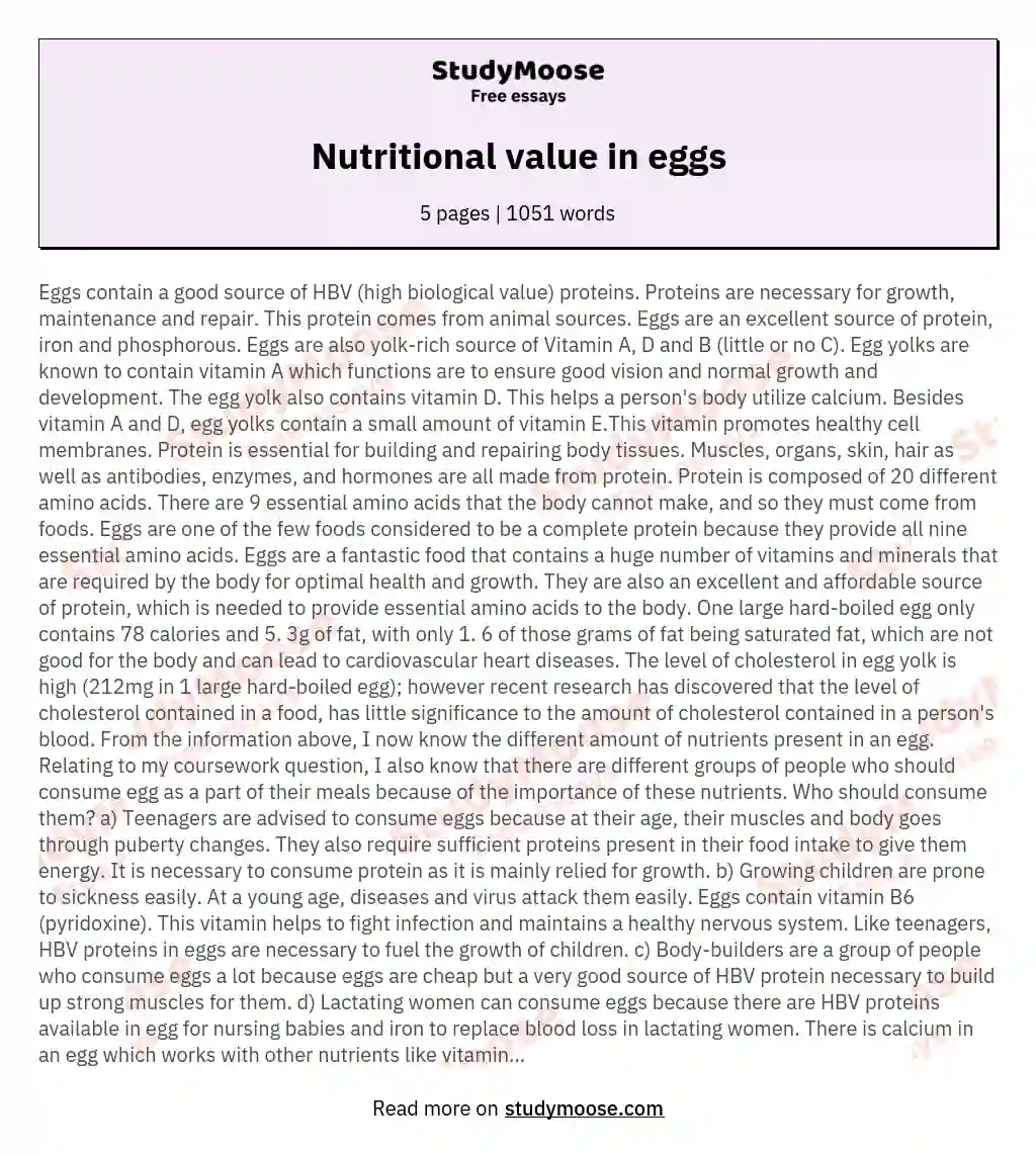 Nutritional value in eggs essay