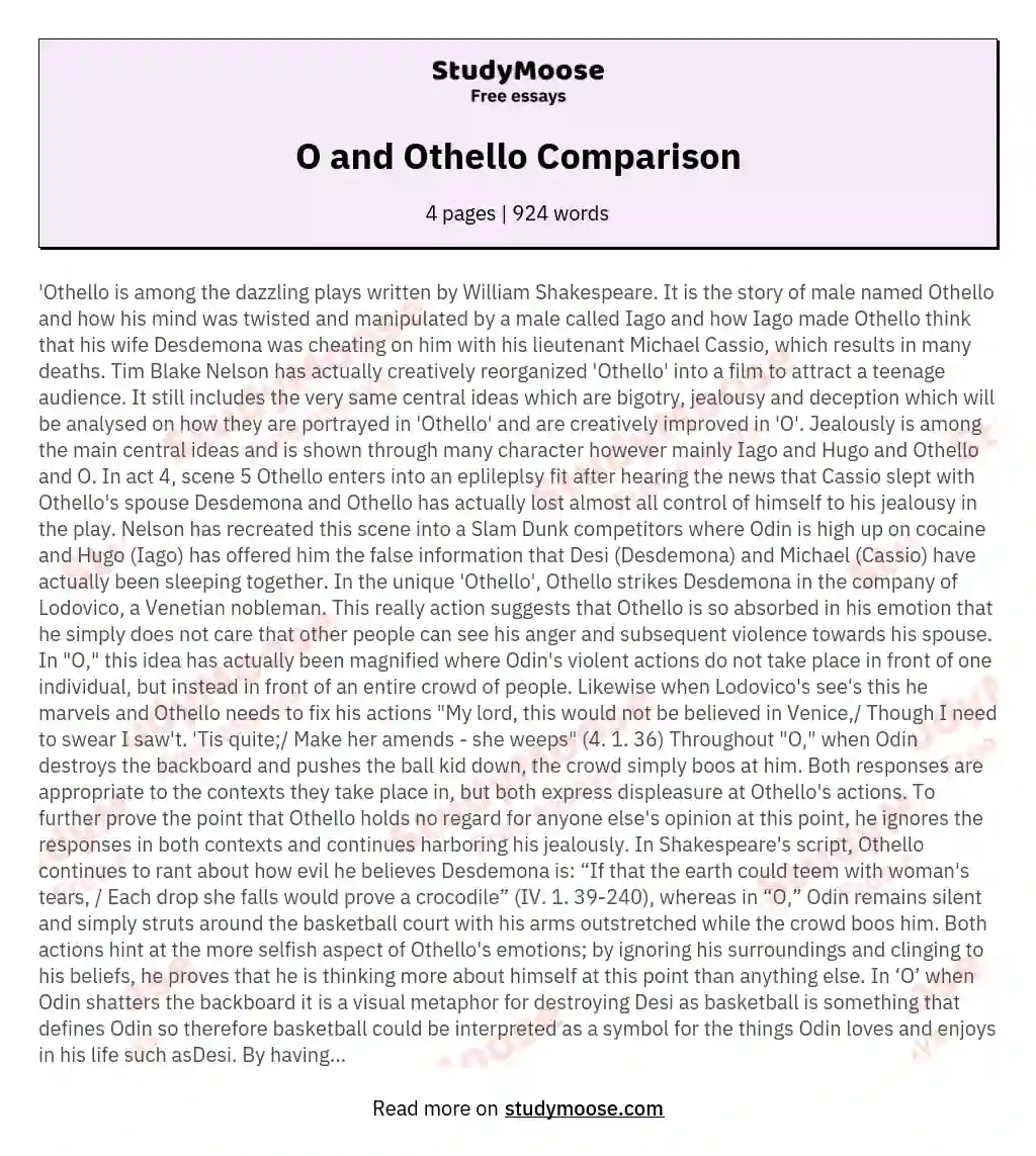 O and Othello Comparison essay