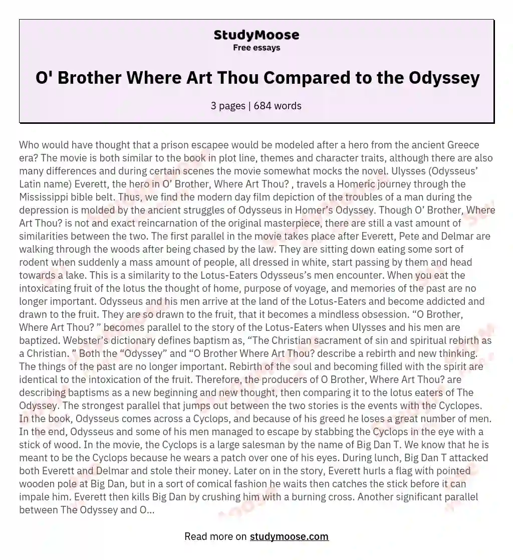 O' Brother Where Art Thou Compared to the Odyssey essay
