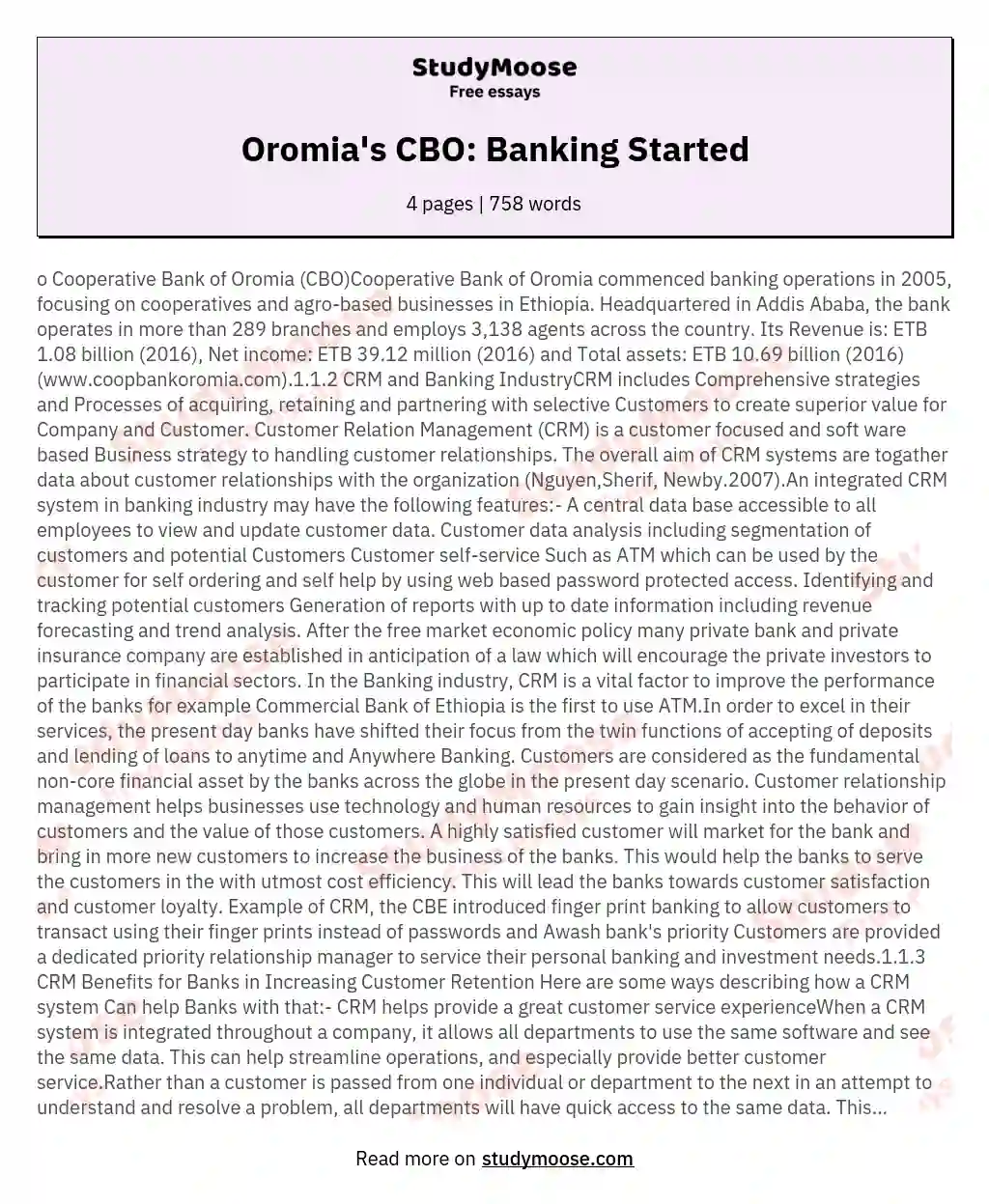 Oromia's CBO: Banking Started essay