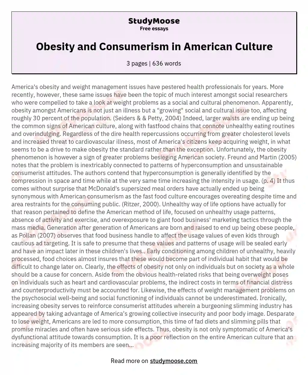 Obesity and Consumerism in American Culture essay