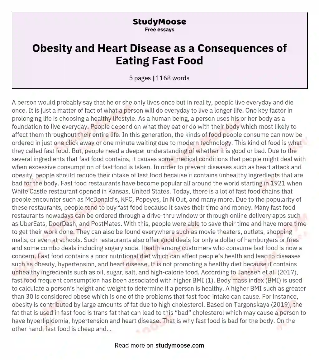Obesity and Heart Disease as a Consequences of Eating Fast Food essay