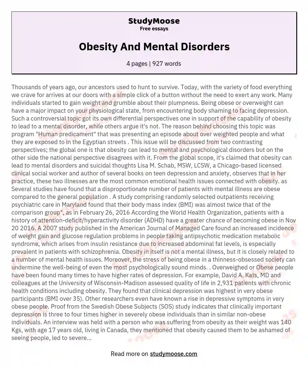 Obesity And Mental Disorders essay