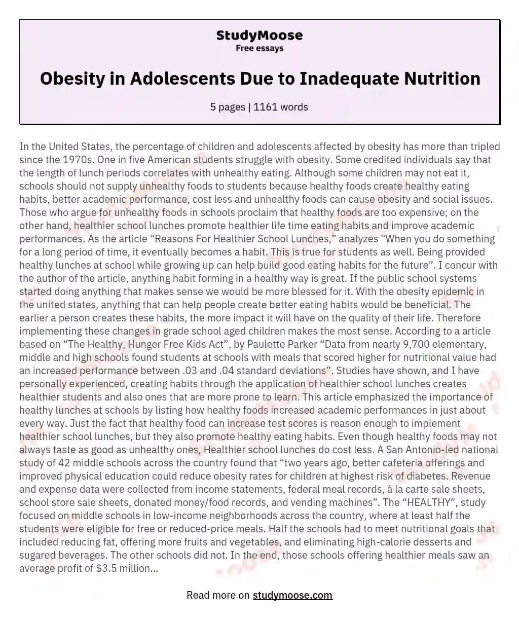 Obesity in Adolescents Due to Inadequate Nutrition essay
