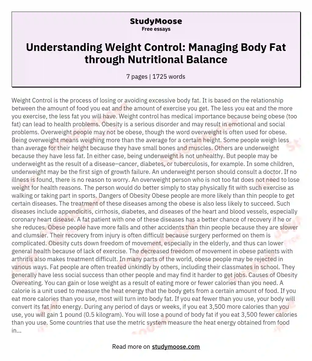 Understanding Weight Control: Managing Body Fat through Nutritional Balance essay