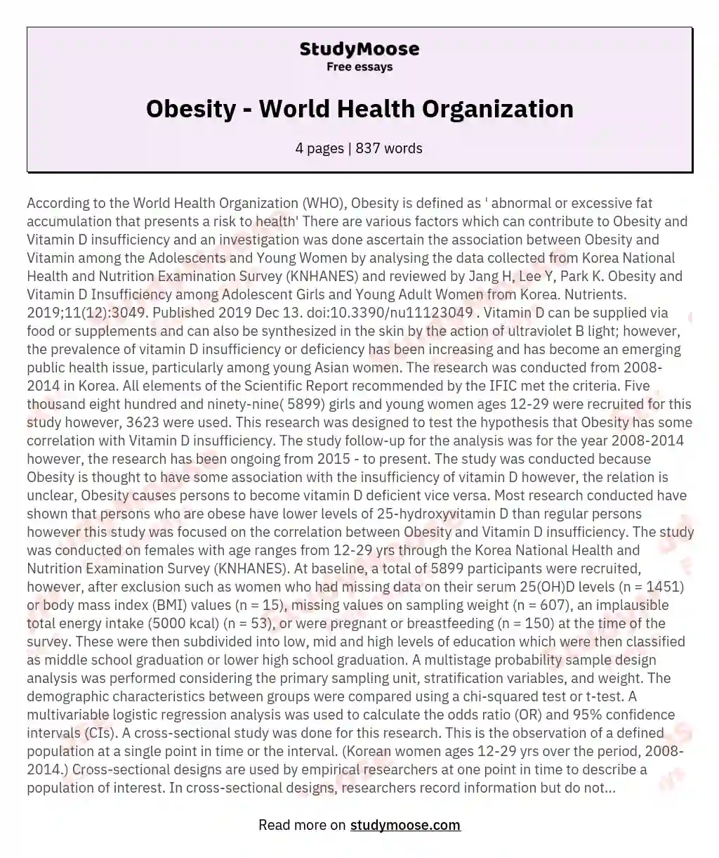 Obesity - World Health Organization essay