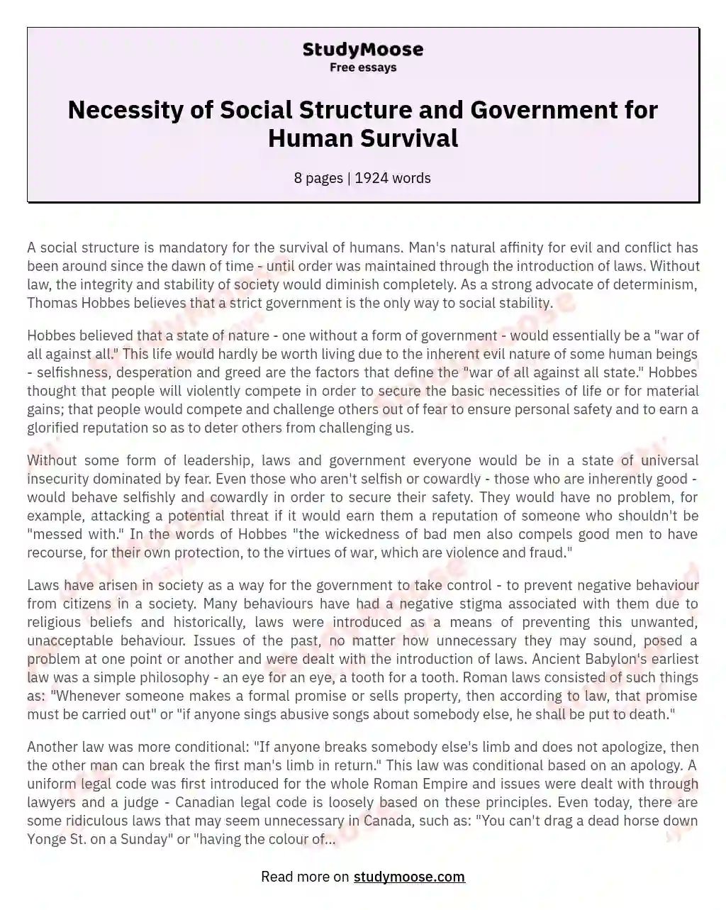 Necessity of Social Structure and Government for Human Survival essay
