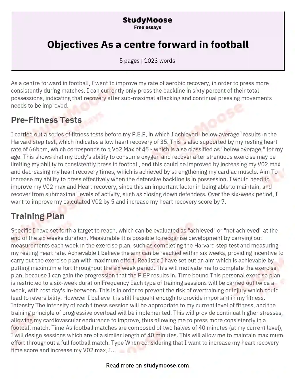 Objectives As a centre forward in football essay