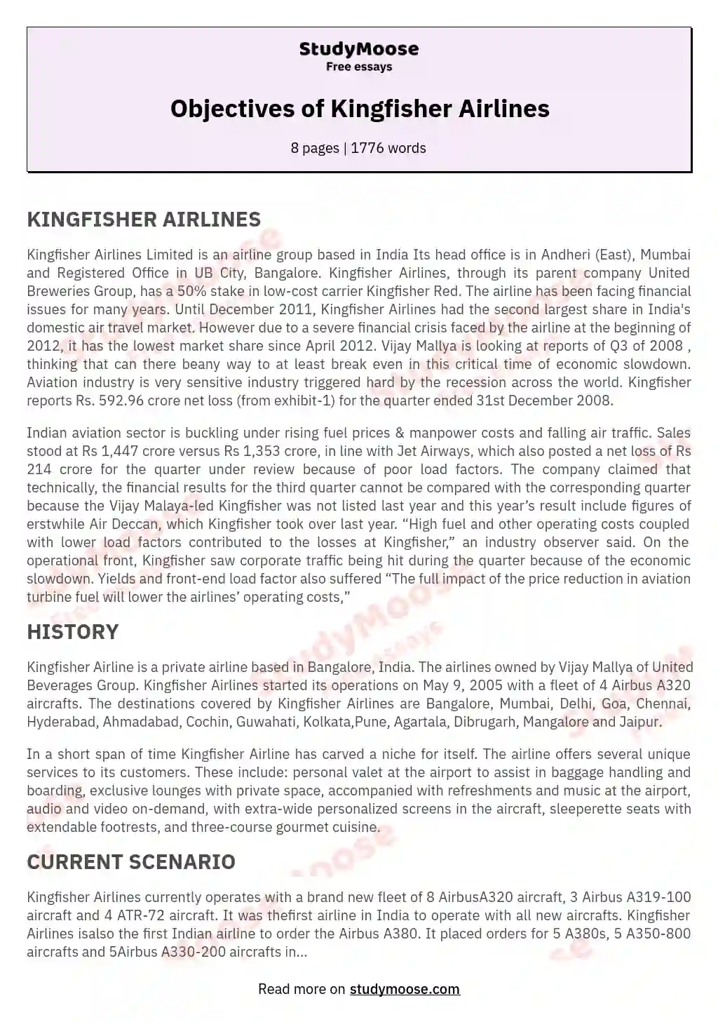 Objectives of Kingfisher Airlines essay