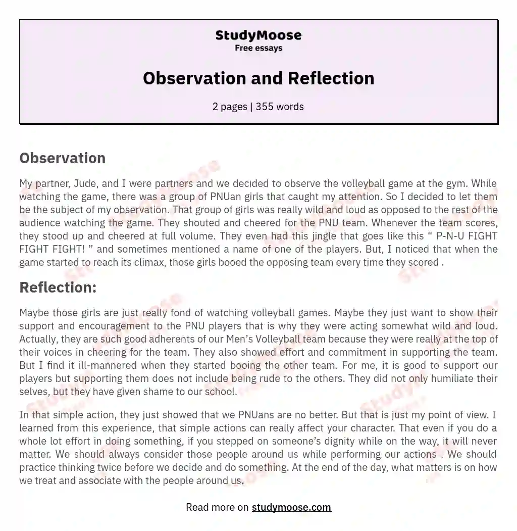 Observation and Reflection essay