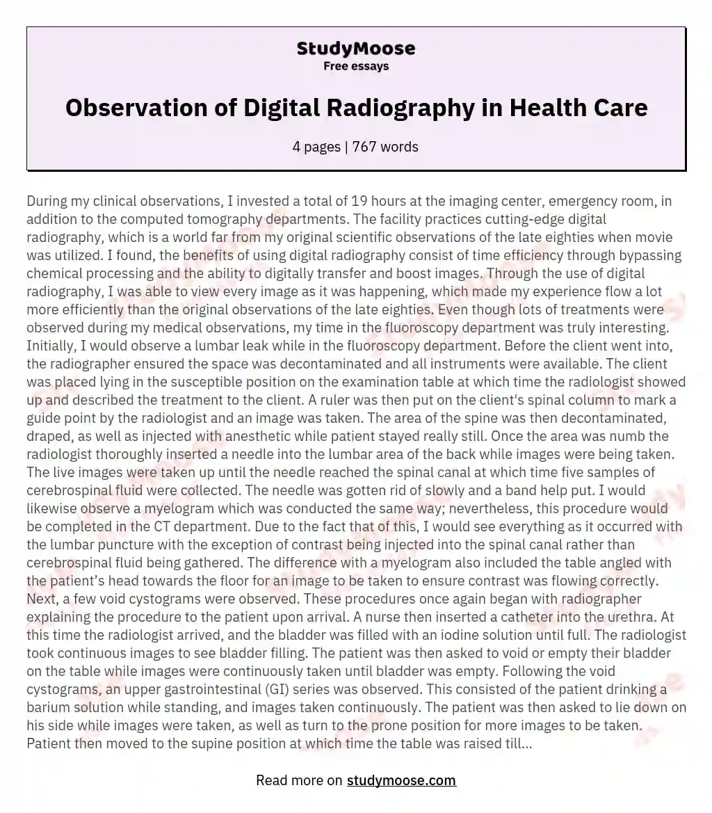 Observation of Digital Radiography in Health Care essay