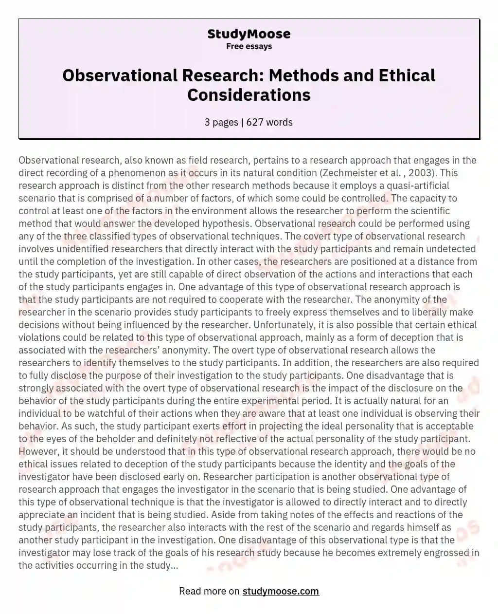 Observational Research: Methods and Ethical Considerations essay