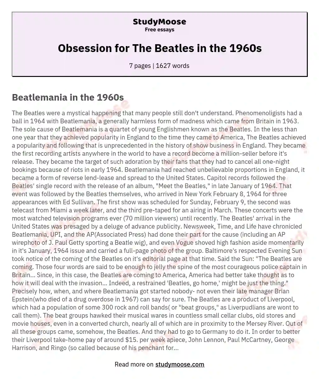 Obsession for The Beatles in the 1960s essay