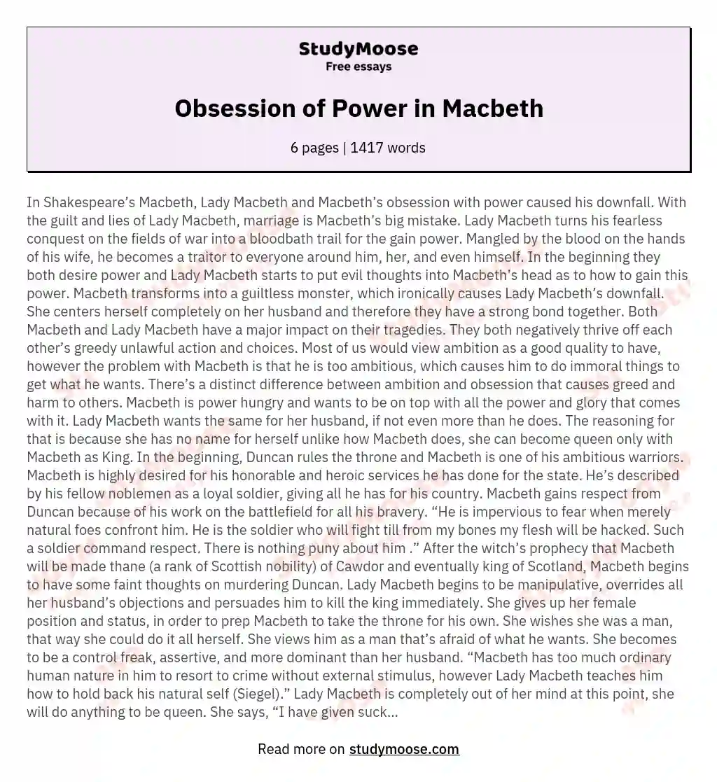 Obsession of Power in Macbeth essay