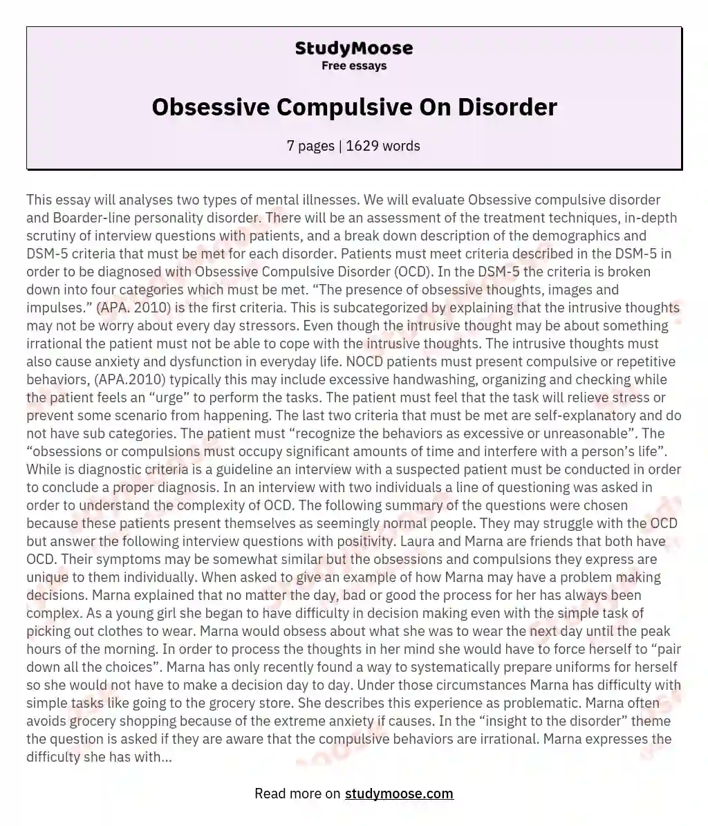 Obsessive Compulsive On Disorder essay