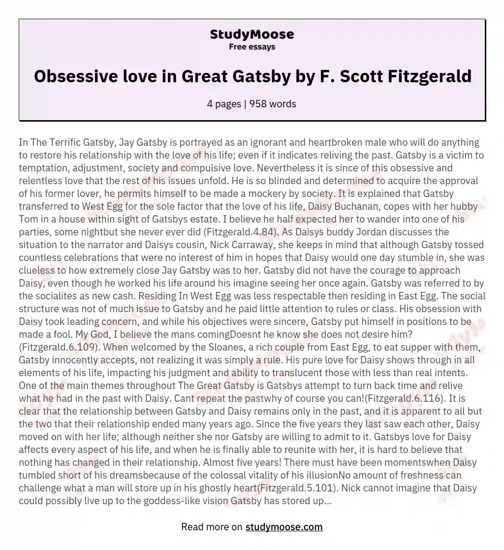Obsessive love in Great Gatsby by F. Scott Fitzgerald essay