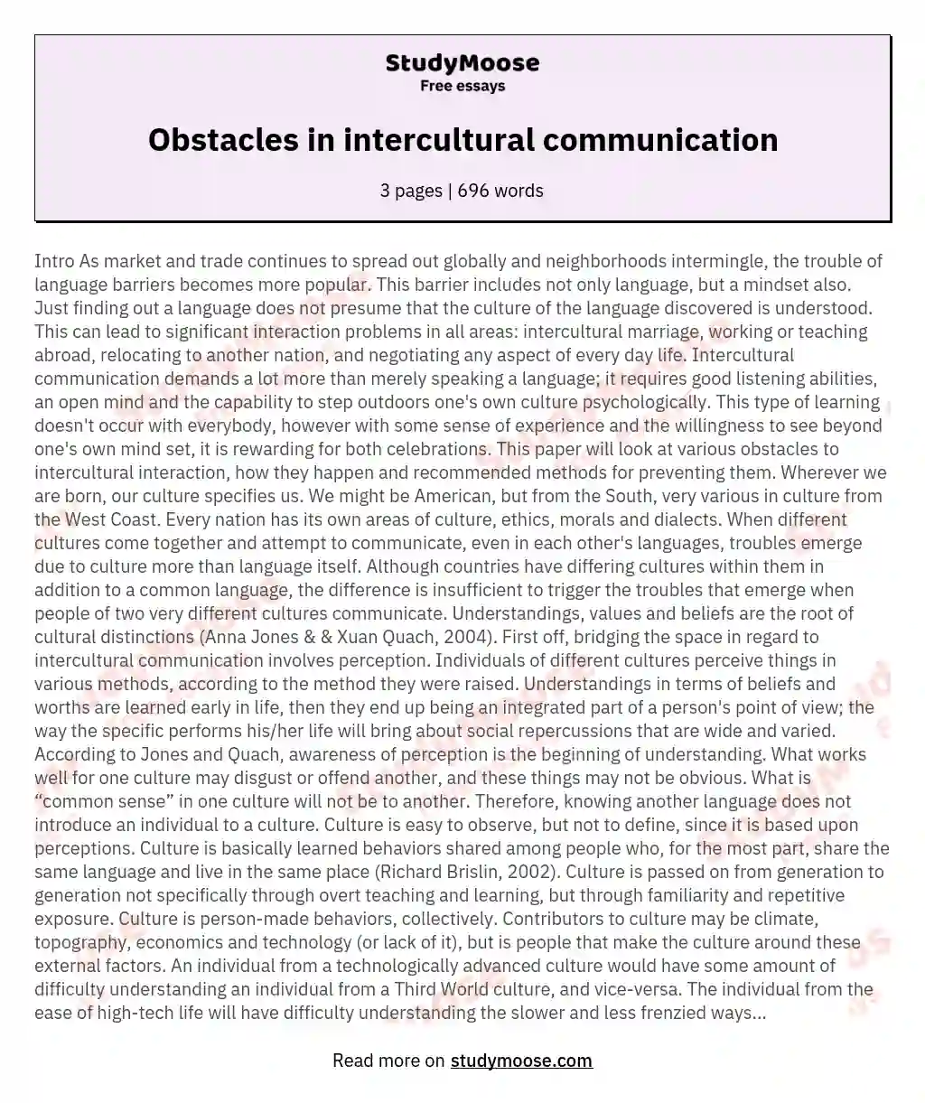 Obstacles in intercultural communication essay