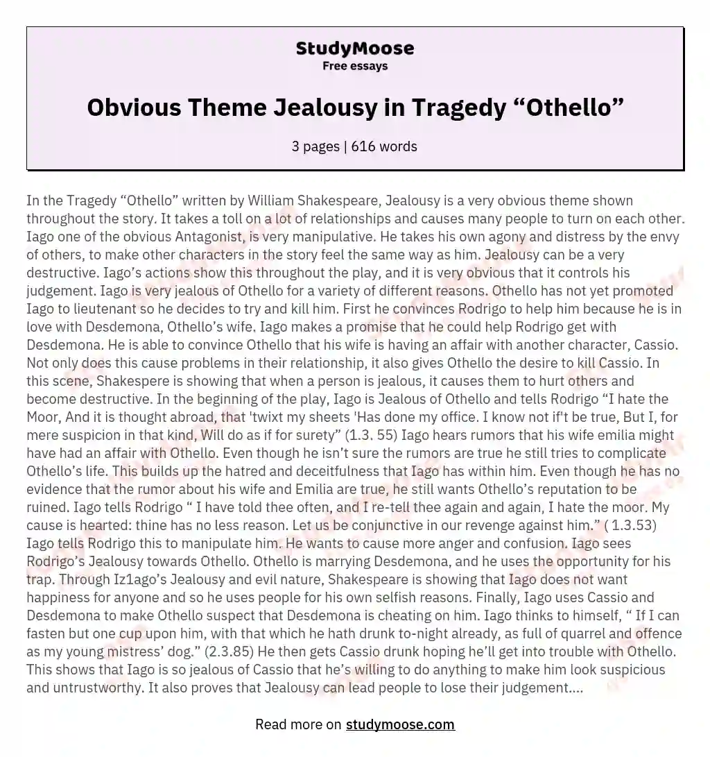 Obvious Theme Jealousy in Tragedy “Othello” essay