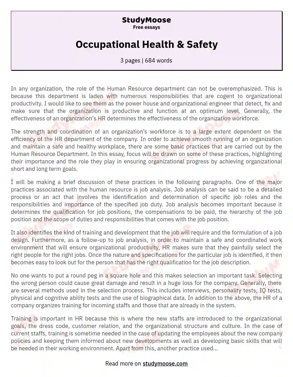 Occupational Health &amp; Safety essay