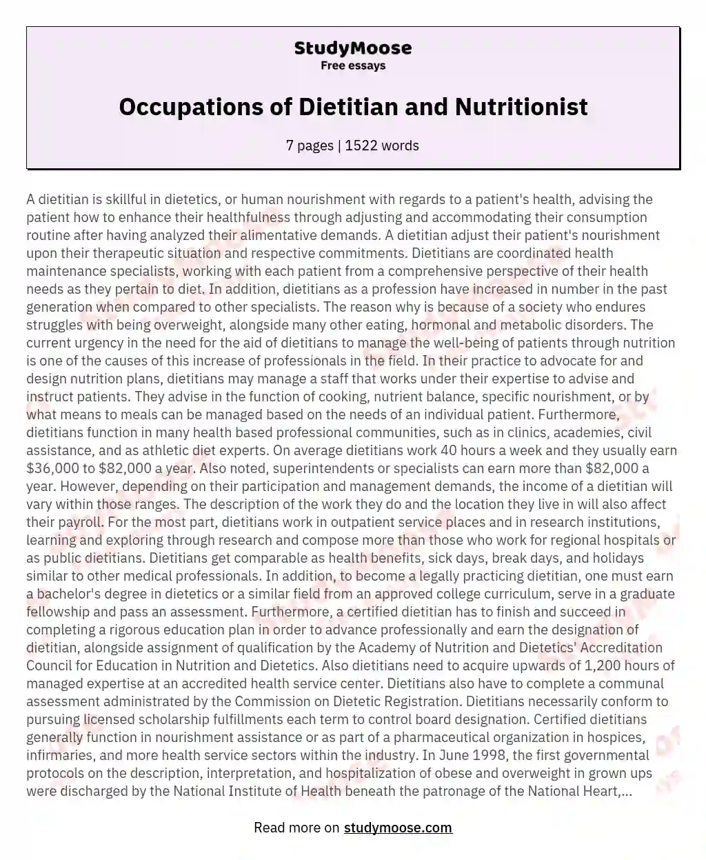 Occupations of Dietitian and Nutritionist essay