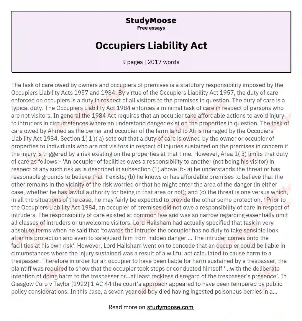 Occupiers Liability Act essay