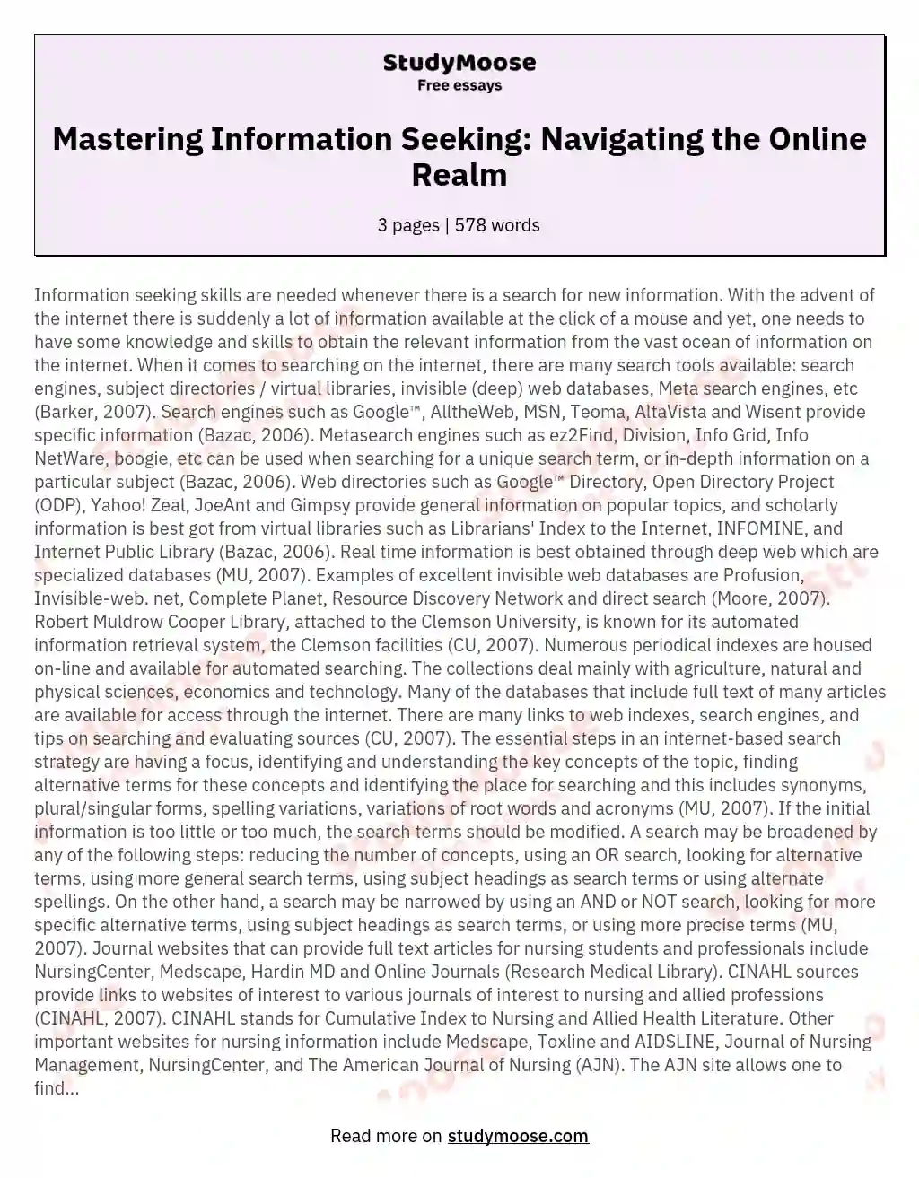 Mastering Information Seeking: Navigating the Online Realm essay
