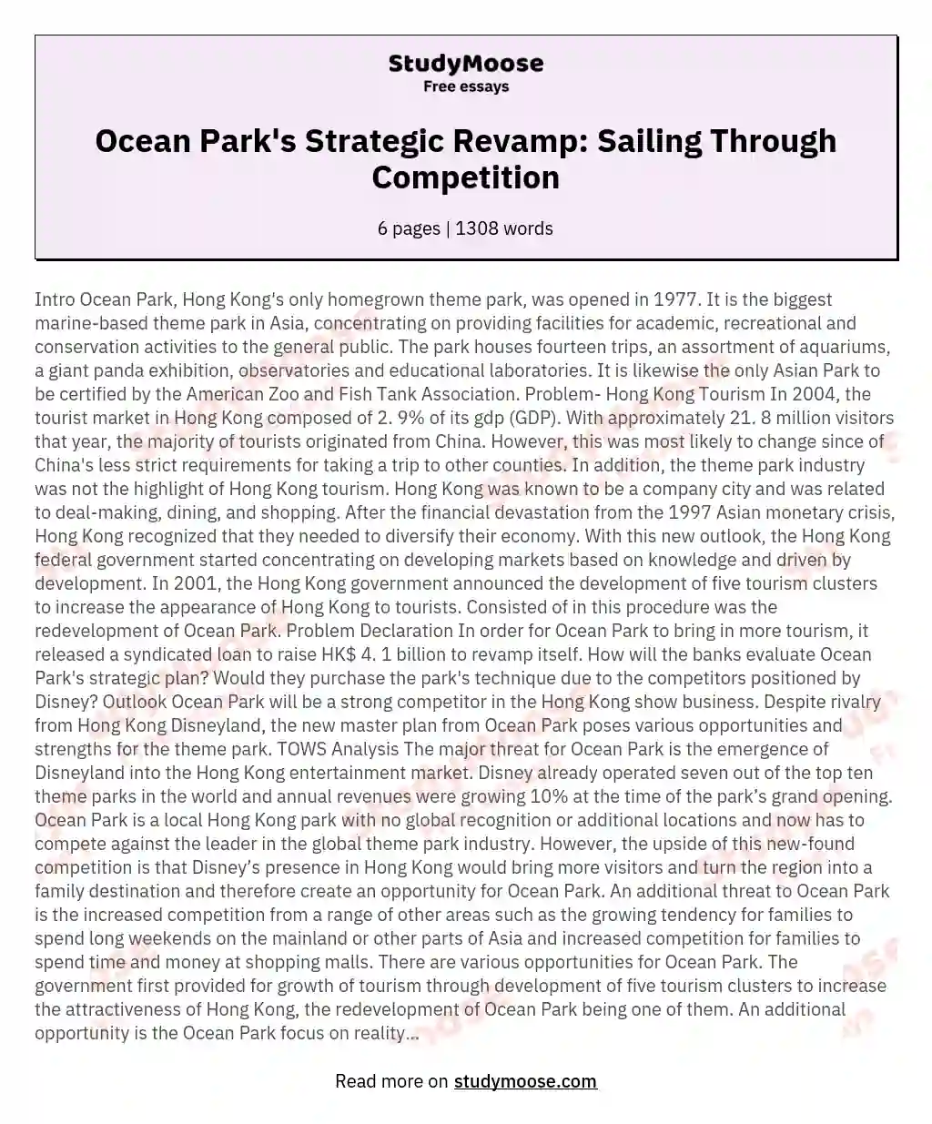 Ocean Park's Strategic Revamp: Sailing Through Competition essay