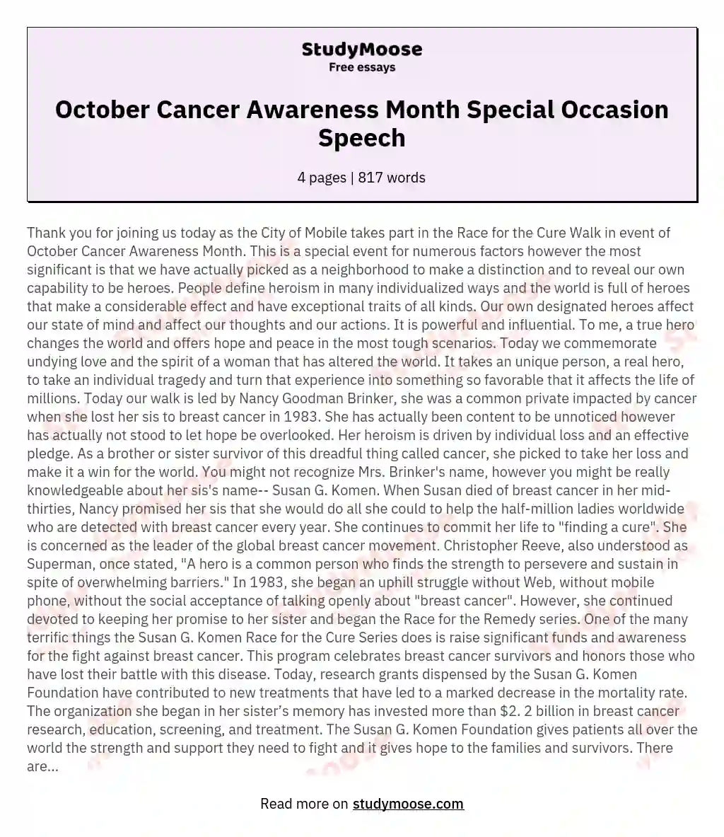 October Cancer Awareness Month Special Occasion Speech