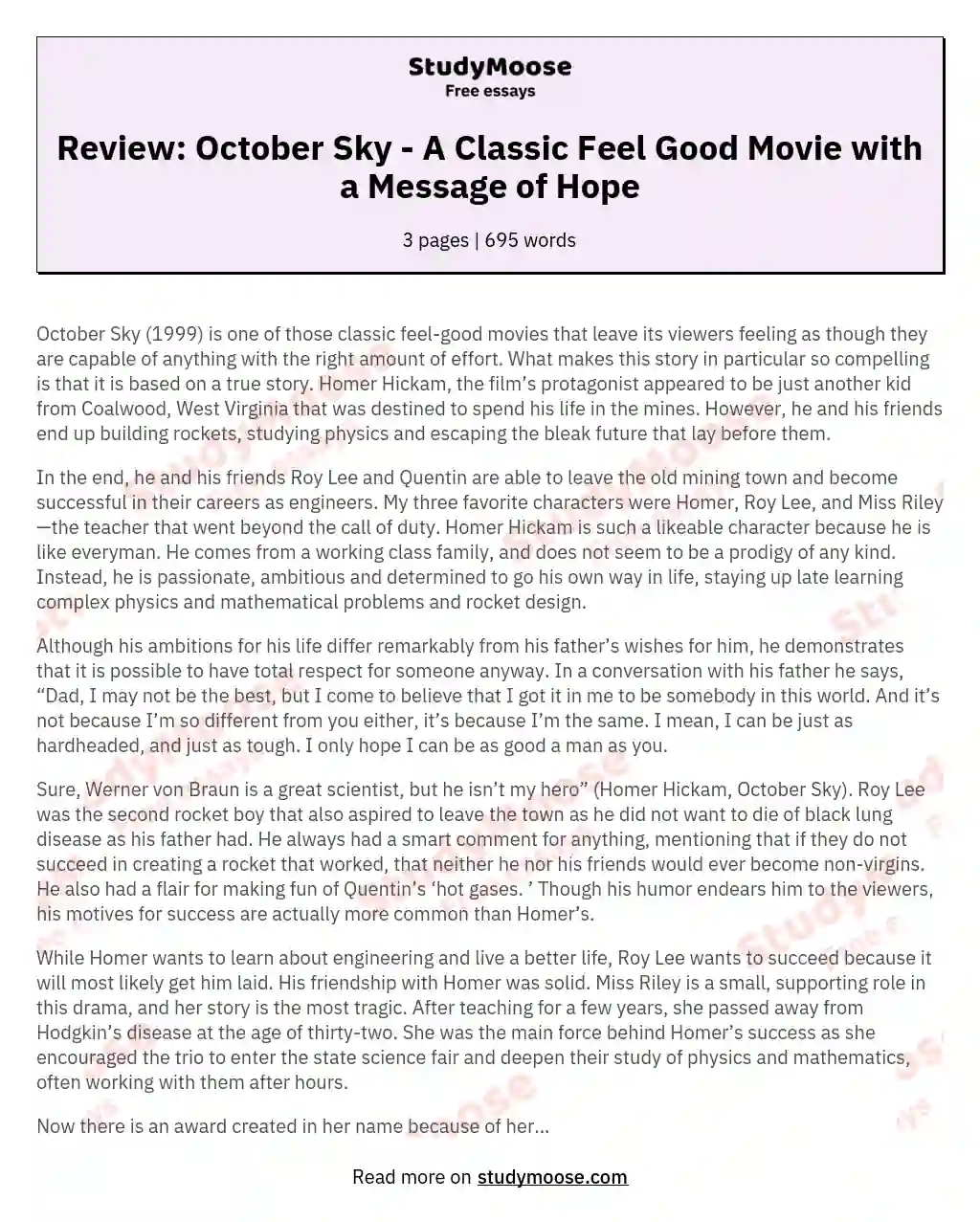 Review: October Sky - A Classic Feel Good Movie with a Message of Hope essay