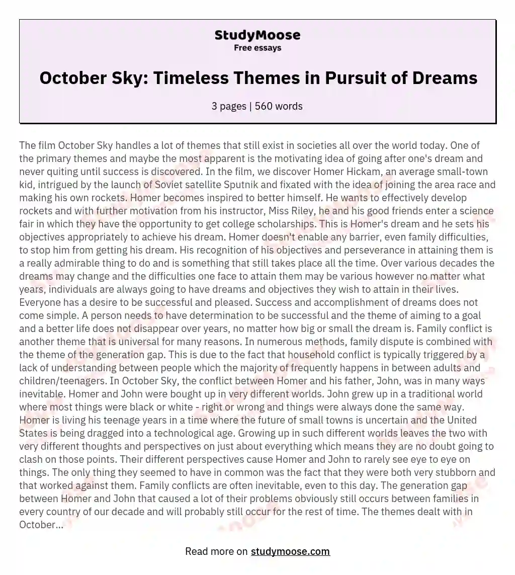 October Sky: Timeless Themes in Pursuit of Dreams essay