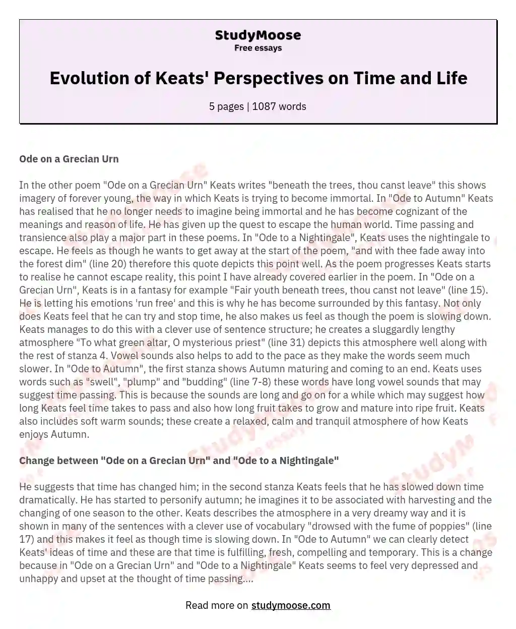 Evolution of Keats' Perspectives on Time and Life essay