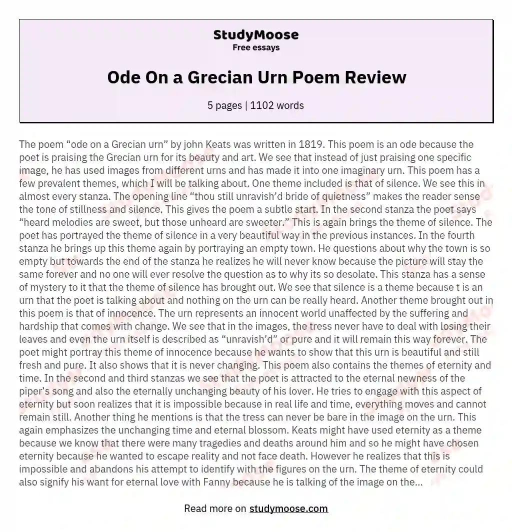 Ode On a Grecian Urn Poem Review essay