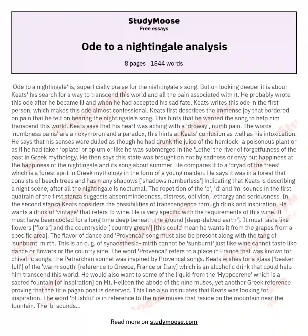 Ode to a nightingale analysis essay