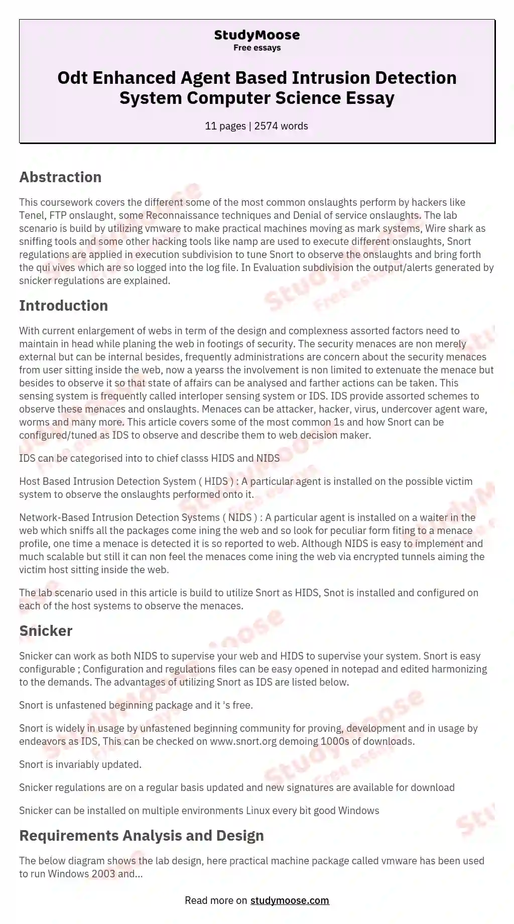 Odt Enhanced Agent Based Intrusion Detection System Computer Science Essay essay