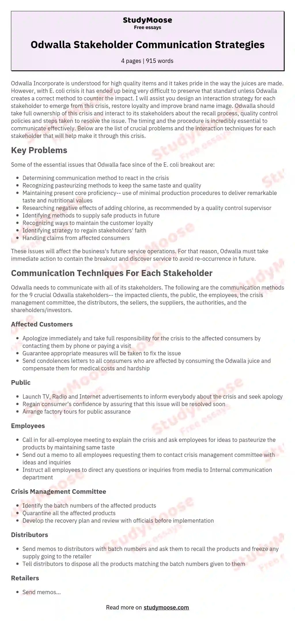 Odwalla Stakeholder Communication Strategies essay