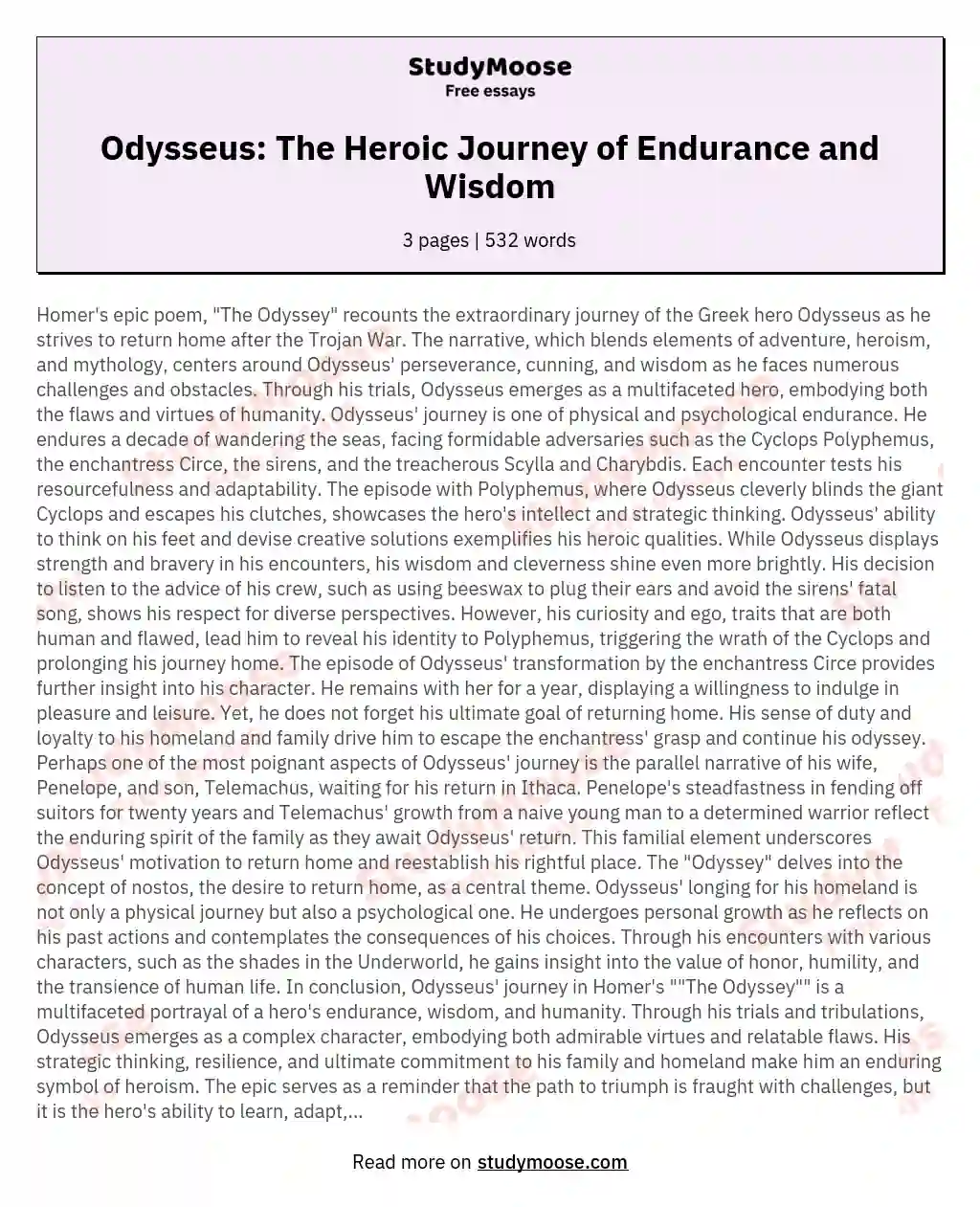 Odysseus: The Heroic Journey of Endurance and Wisdom essay