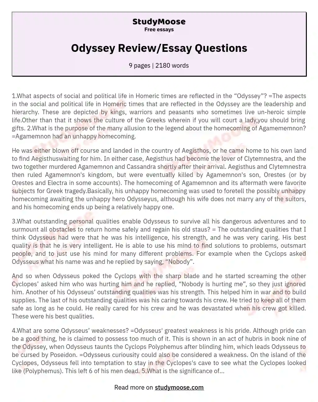 Odyssey Review/Essay Questions