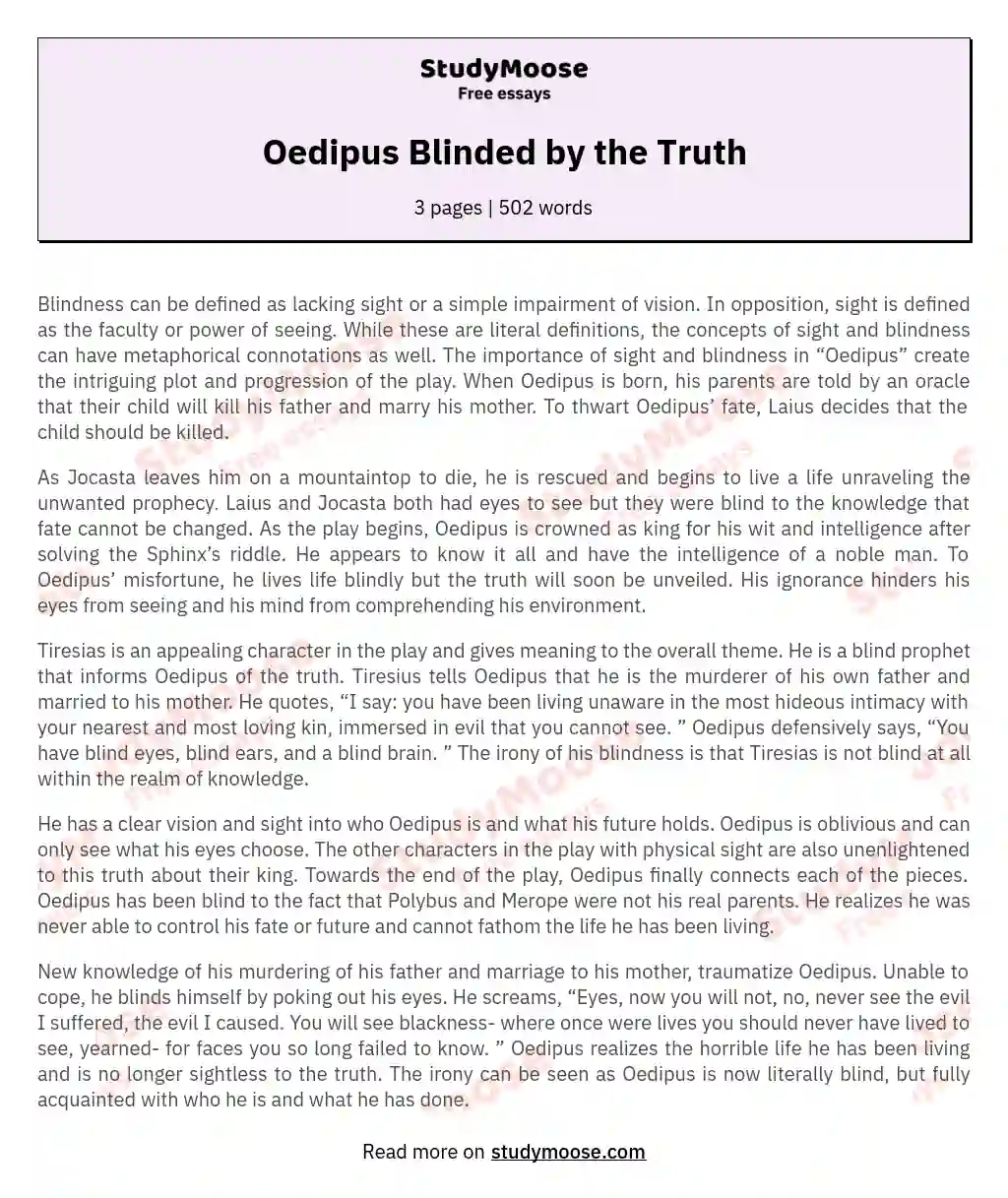 thesis statement for oedipus the king blindness
