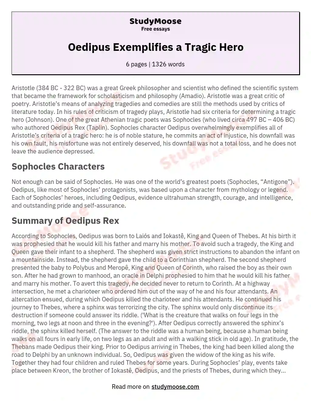 Oedipus Exemplifies a Tragic Hero essay