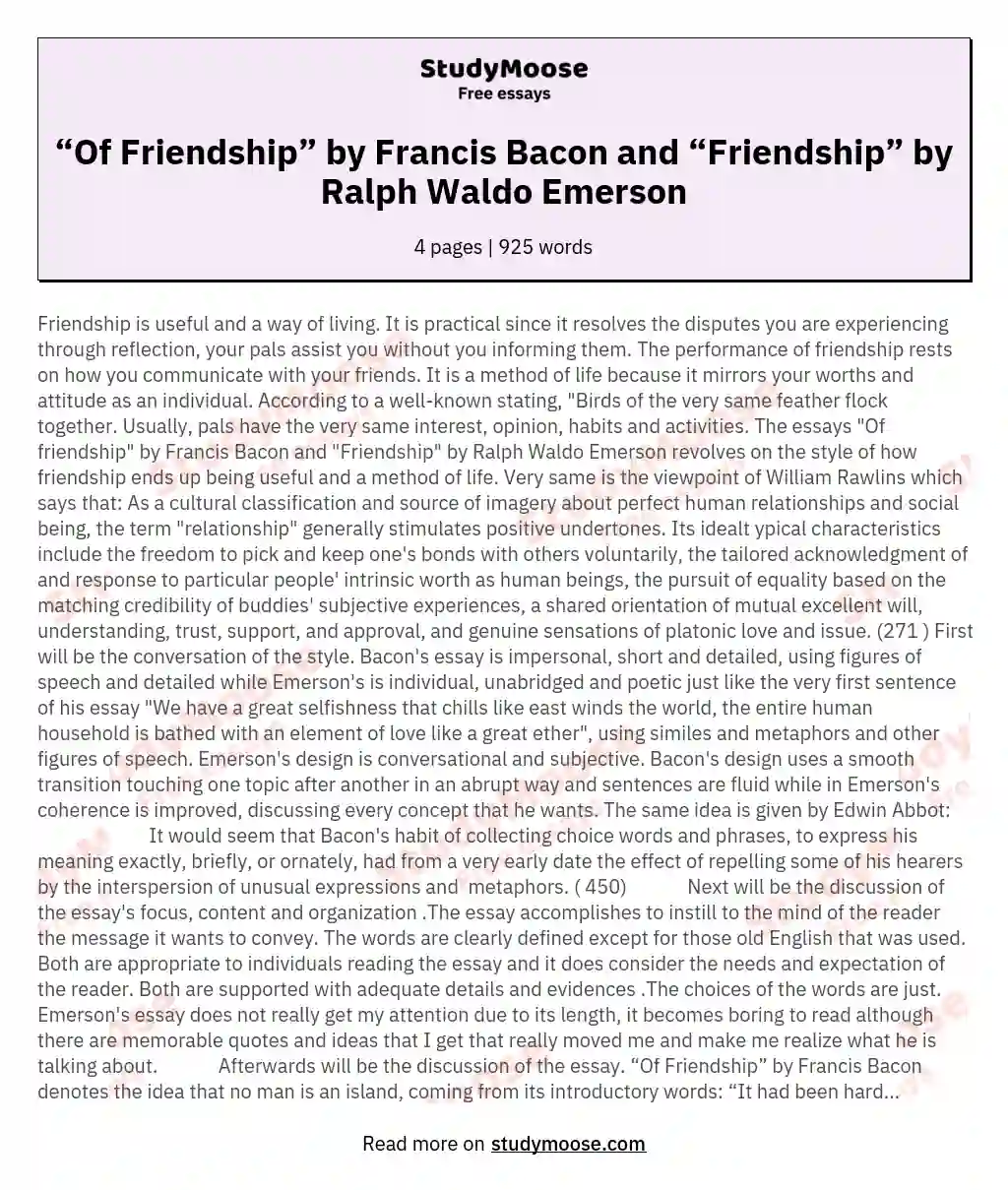 “Of Friendship” by Francis Bacon and “Friendship” by Ralph Waldo Emerson essay
