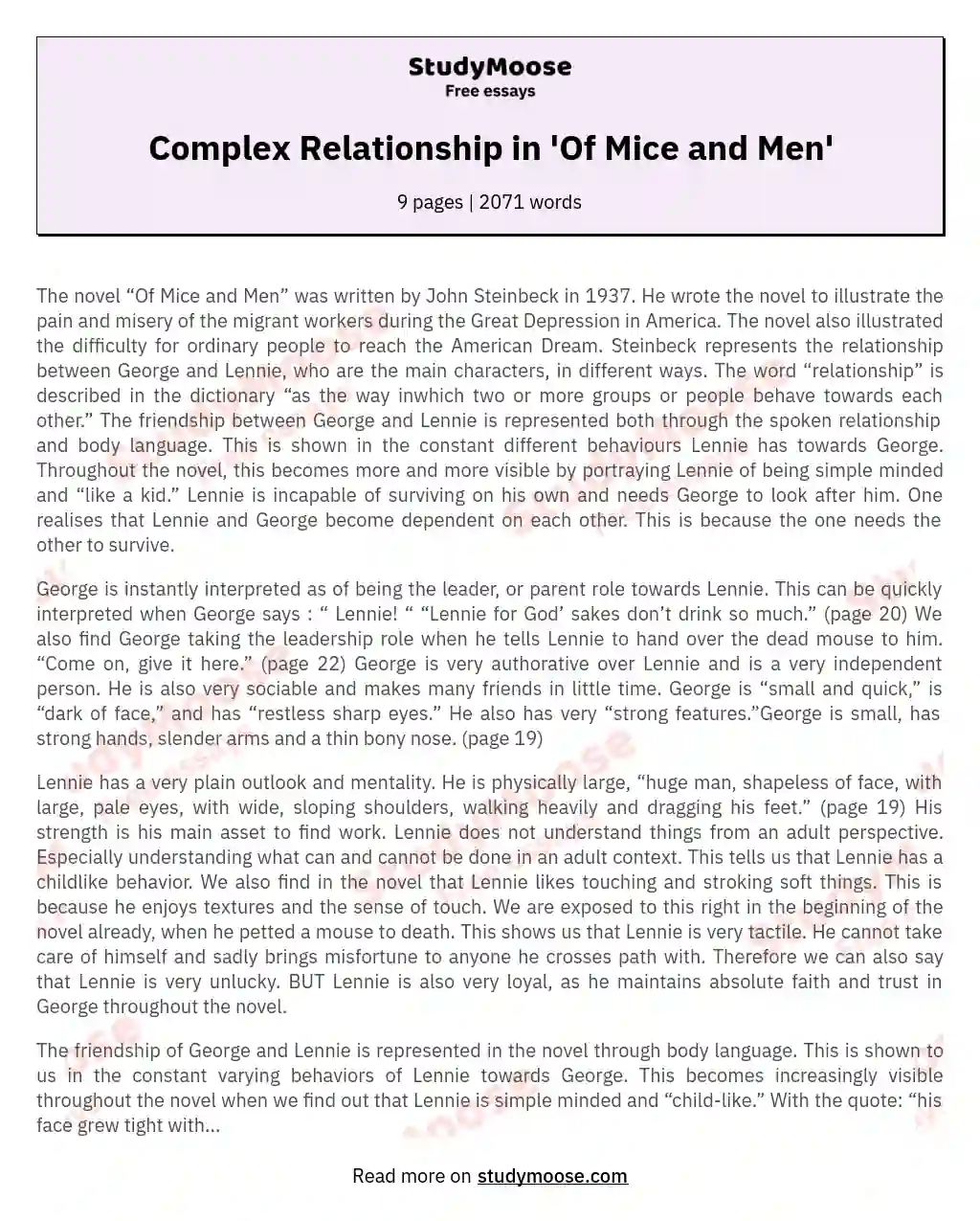 The Complex Relationship in "Of Mice and Men" essay