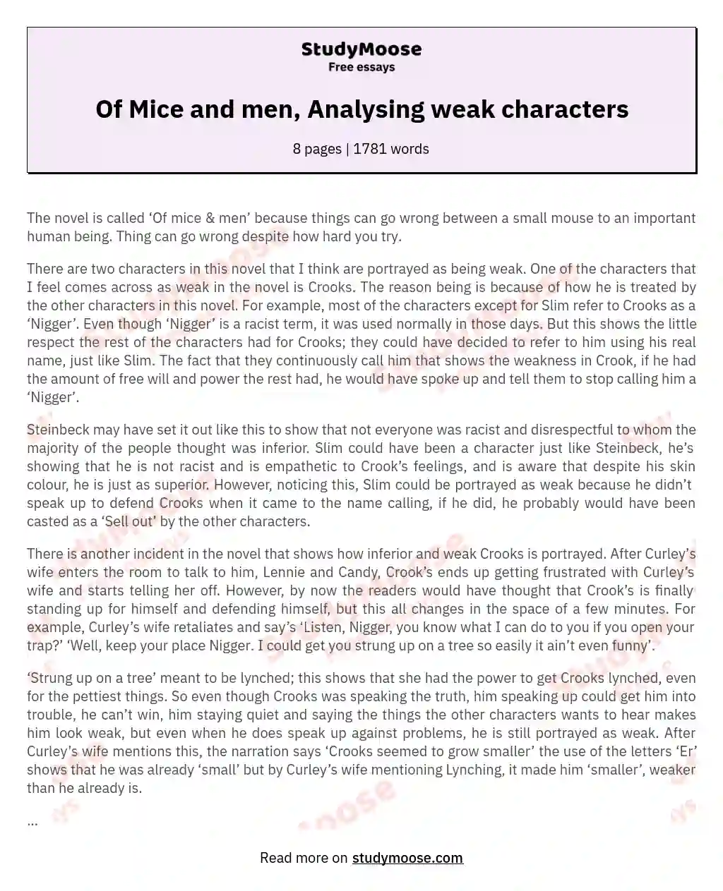 Of Mice and men, Analysing weak characters essay